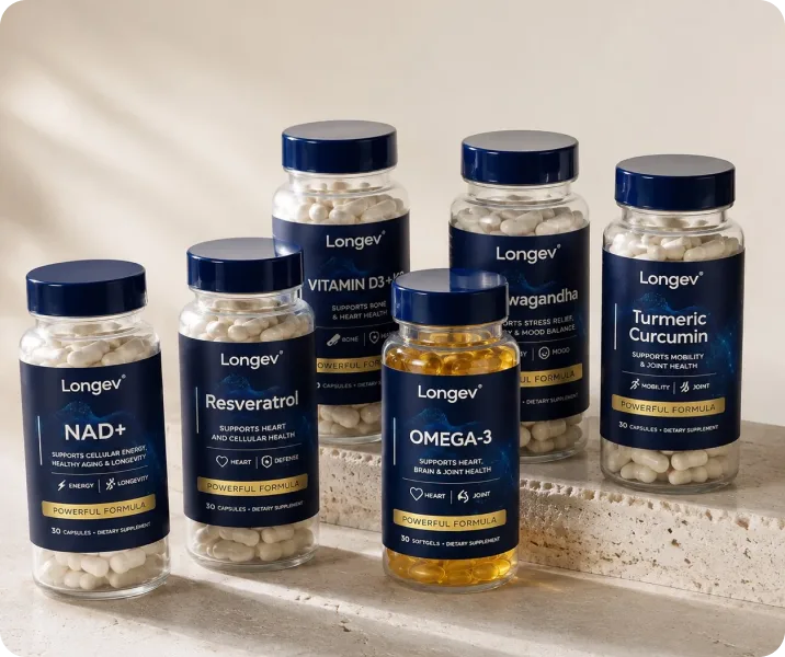 The six Longev formula bottles