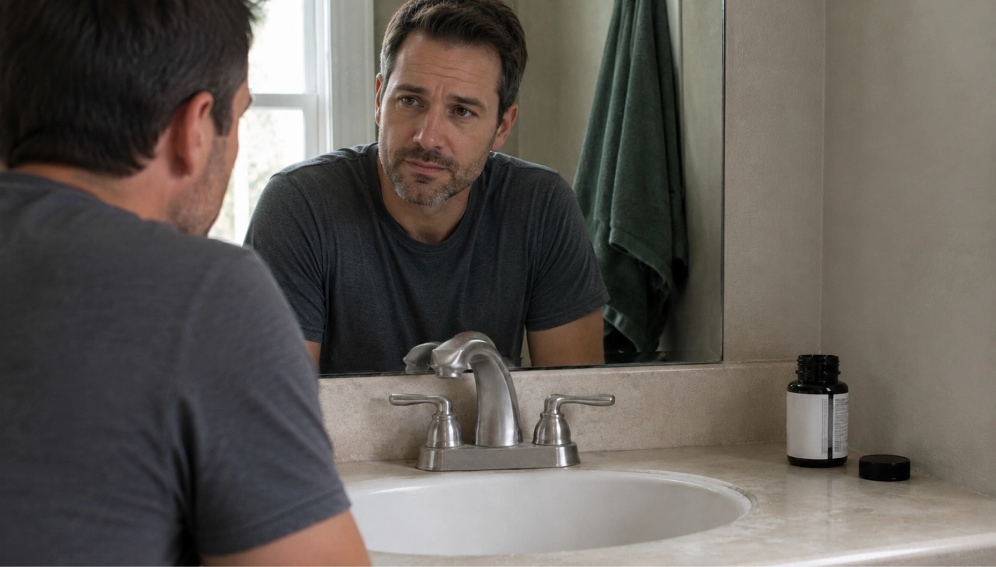 A man in his forties looking at himself in the bathroom mirror