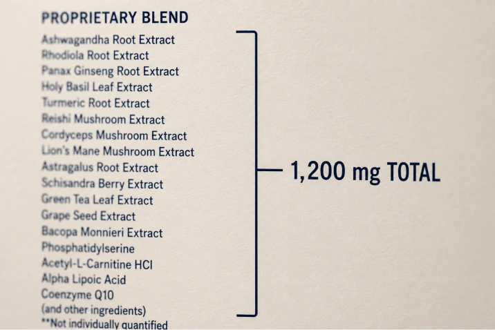 A proprietary blend panel on a supplement label