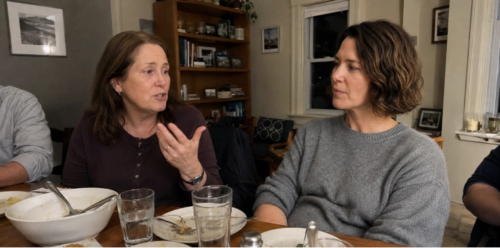 Two women talking across a dinner table
