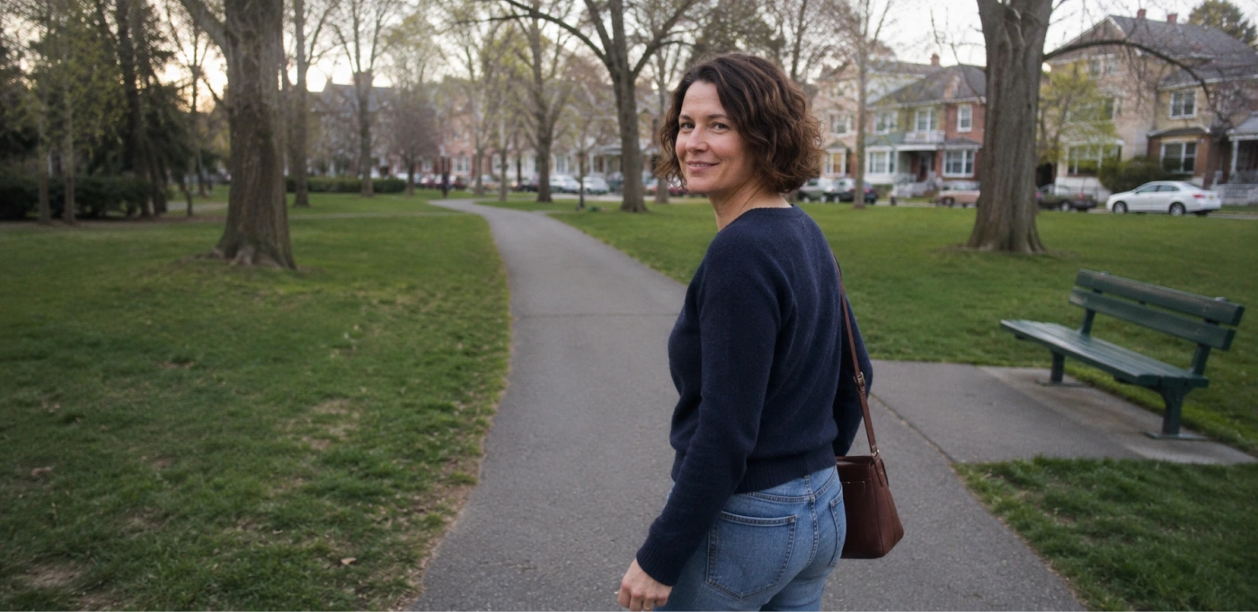 A woman walking through a park, looking back over her shoulder