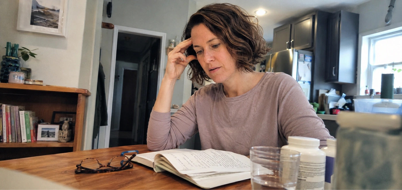 A woman at her kitchen table with a notebook and supplement bottles