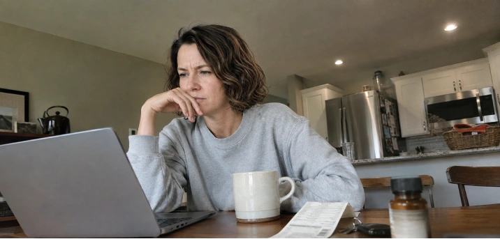 A woman reading on her laptop with a coffee