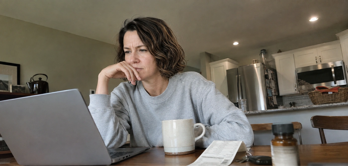 A woman reading on her laptop with a coffee