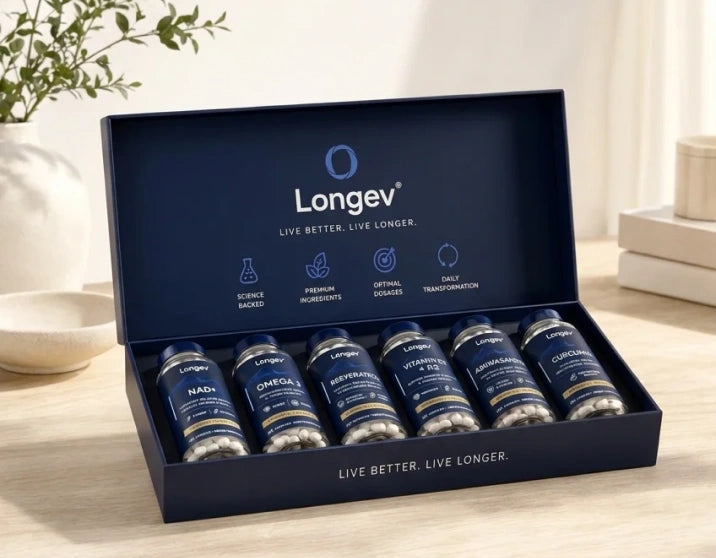 The open Longev protocol box on a table beside a plant