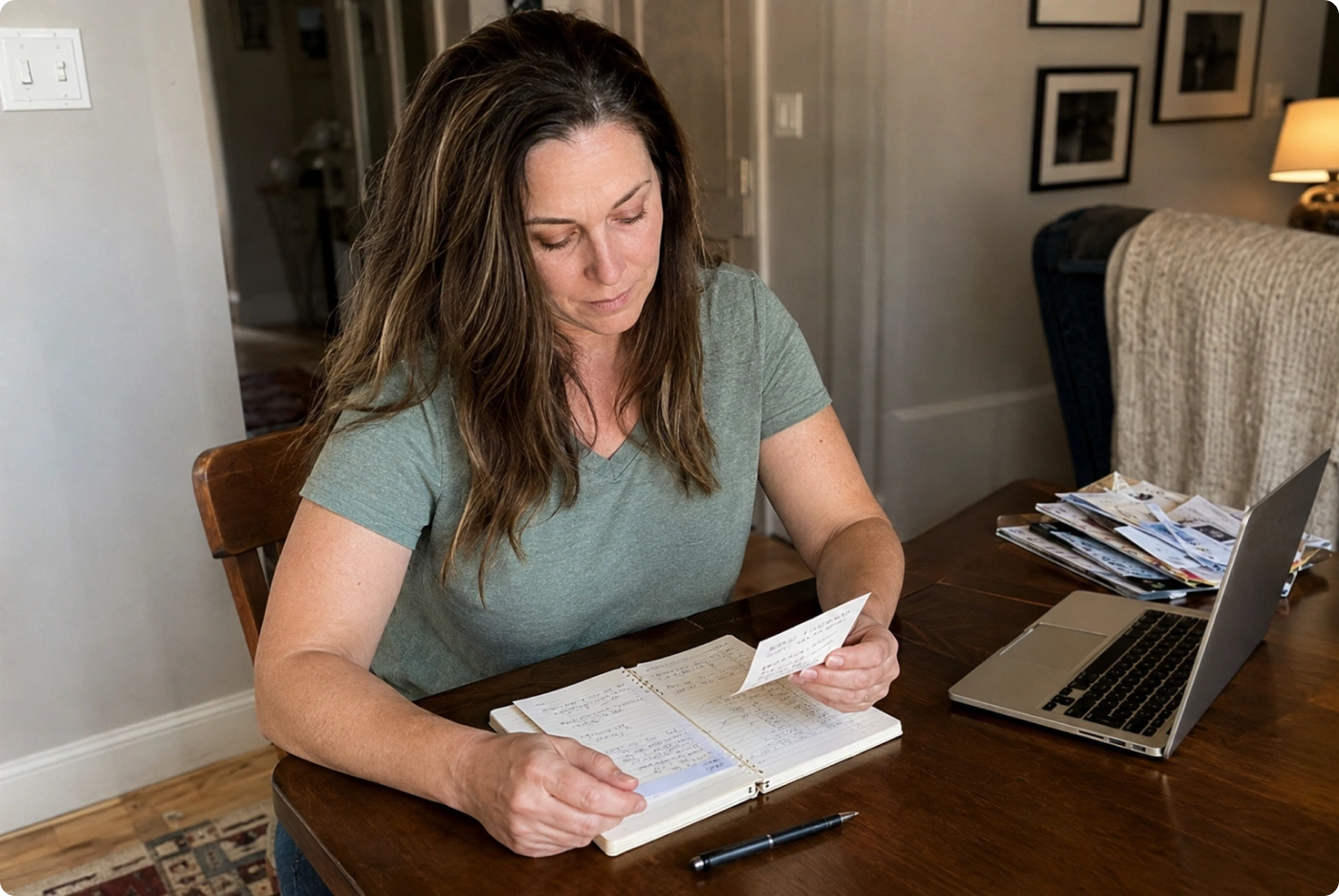 A woman reading at a desk beside a notebook and laptop