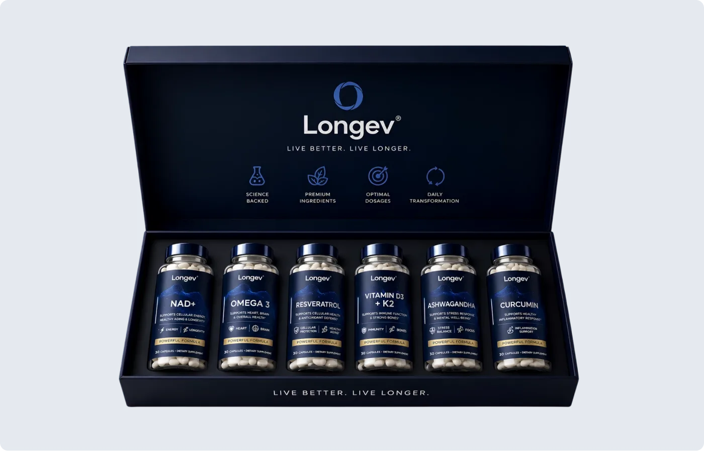 The six Longev formulas laid out side by side