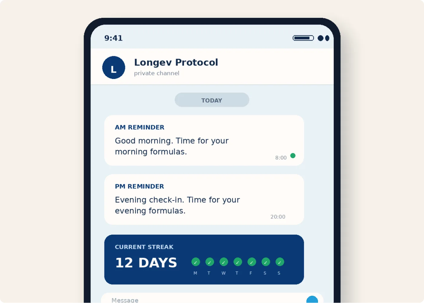 The Longev tracker showing a morning and evening streak