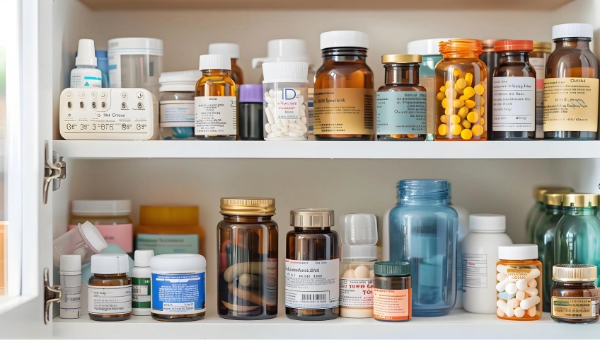 A countertop of separate supplement bottles