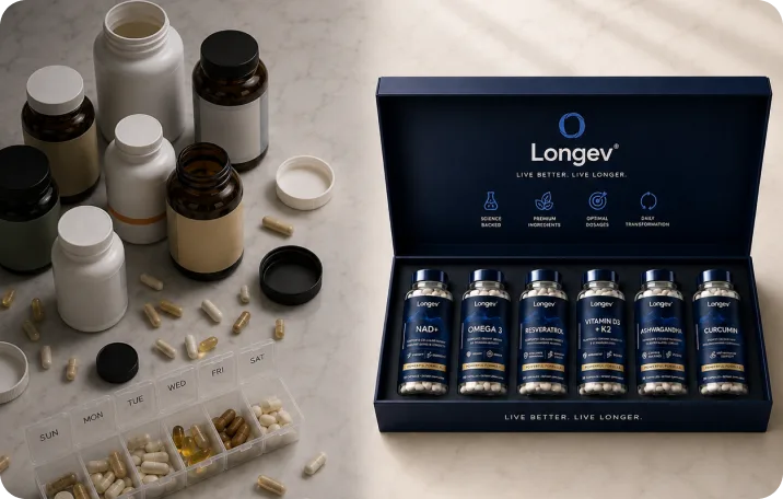 The six Longev formulas in their box beside a weekly pill organiser