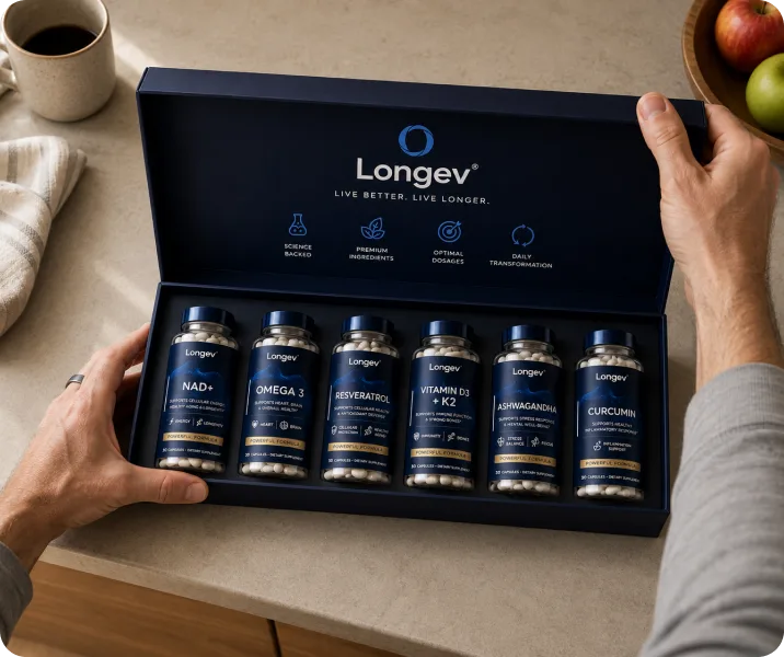 The six Longev formulas in their box