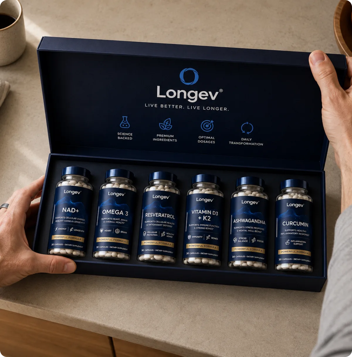 The six Longev formulas in their box