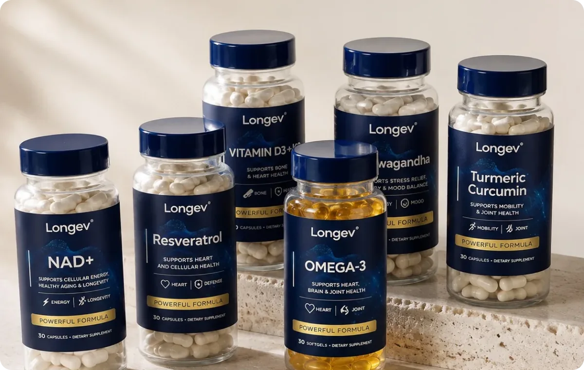 The six Longev formula bottles