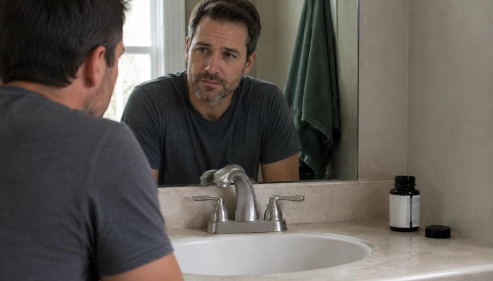 A man in his forties looking at himself in the bathroom mirror