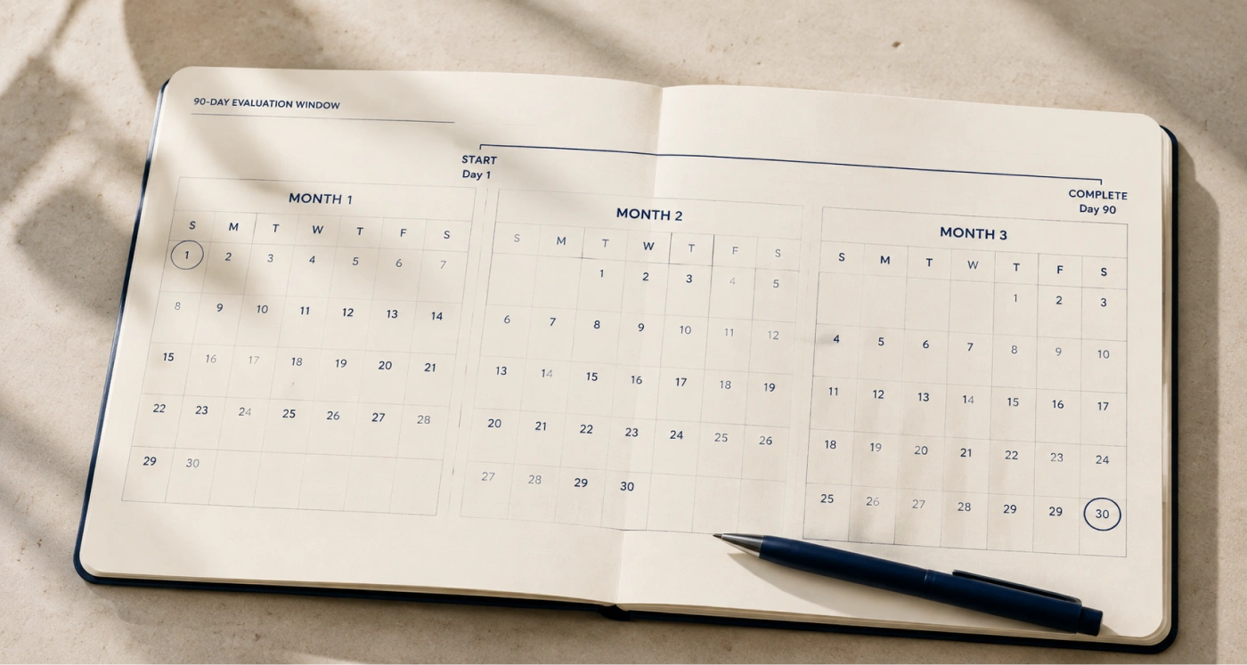 A calendar marking a ninety day trial