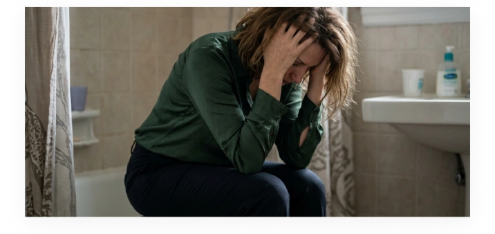 A woman sitting on the edge of a bathtub with her head in her hands