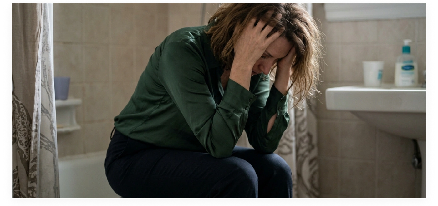 A woman sitting on the edge of a bathtub with her head in her hands