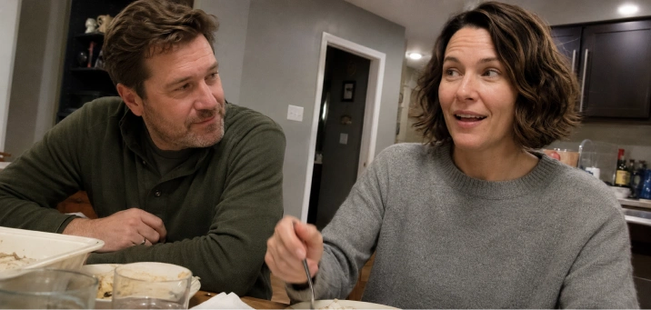 A man noticing his wife at the dinner table