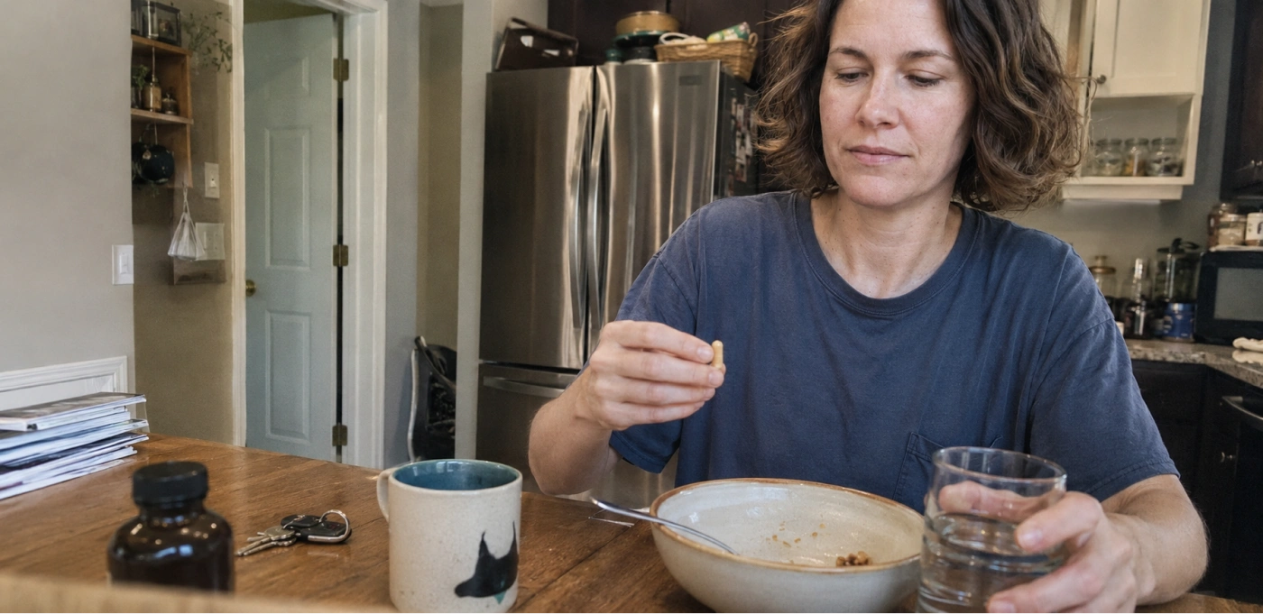 A woman eating breakfast with her capsules on the table