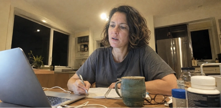 A woman researching late at night with a laptop and notebook