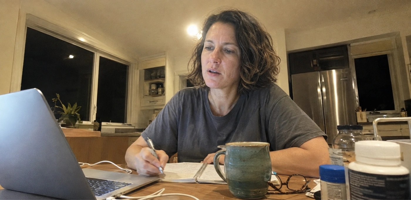 A woman researching late at night with a laptop and notebook