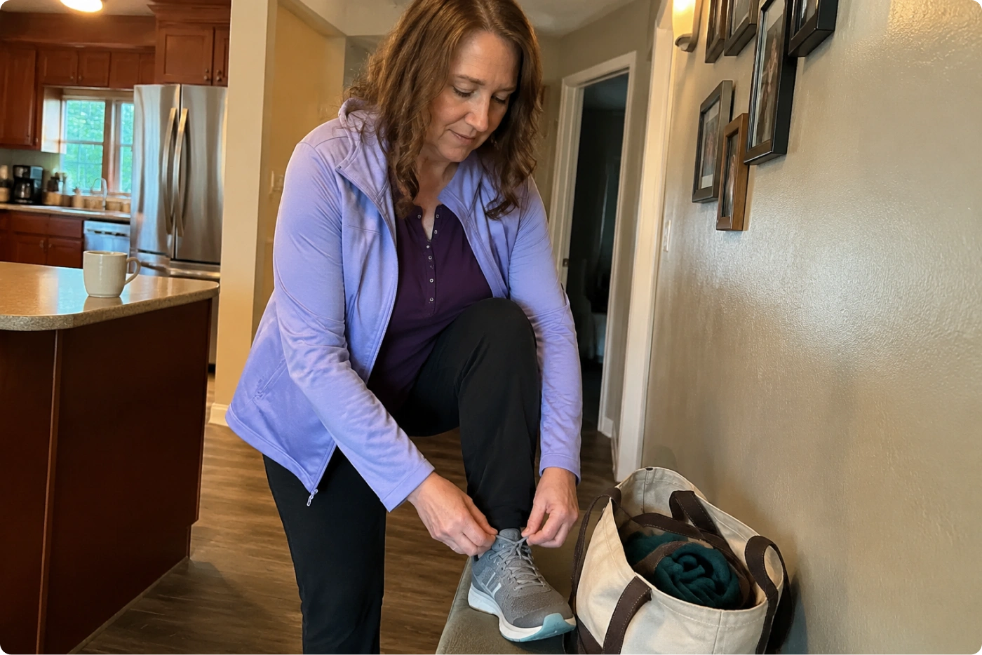 A woman lacing her trainers in her kitchen before heading out