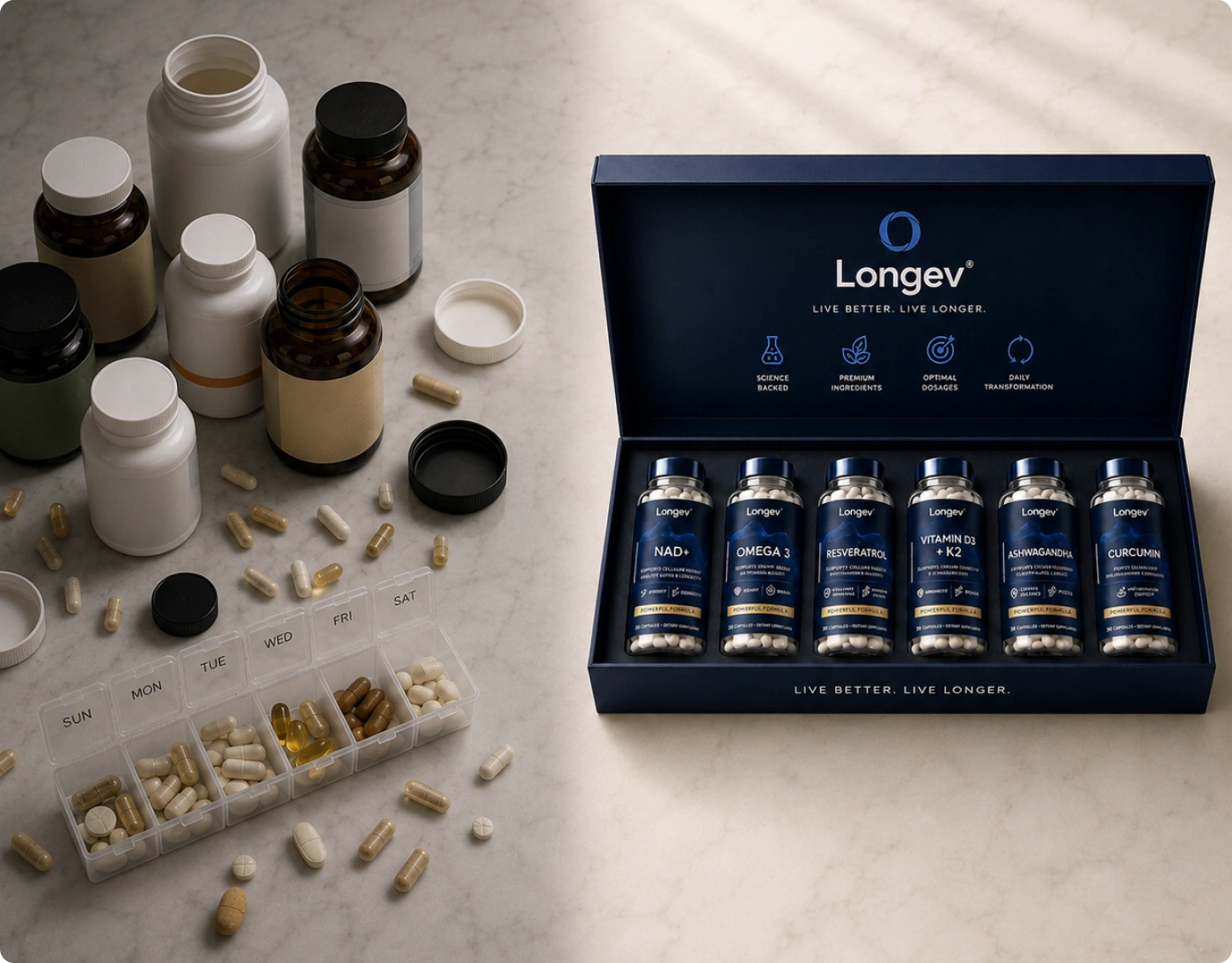 Loose supplement bottles scattered beside the closed Longev box