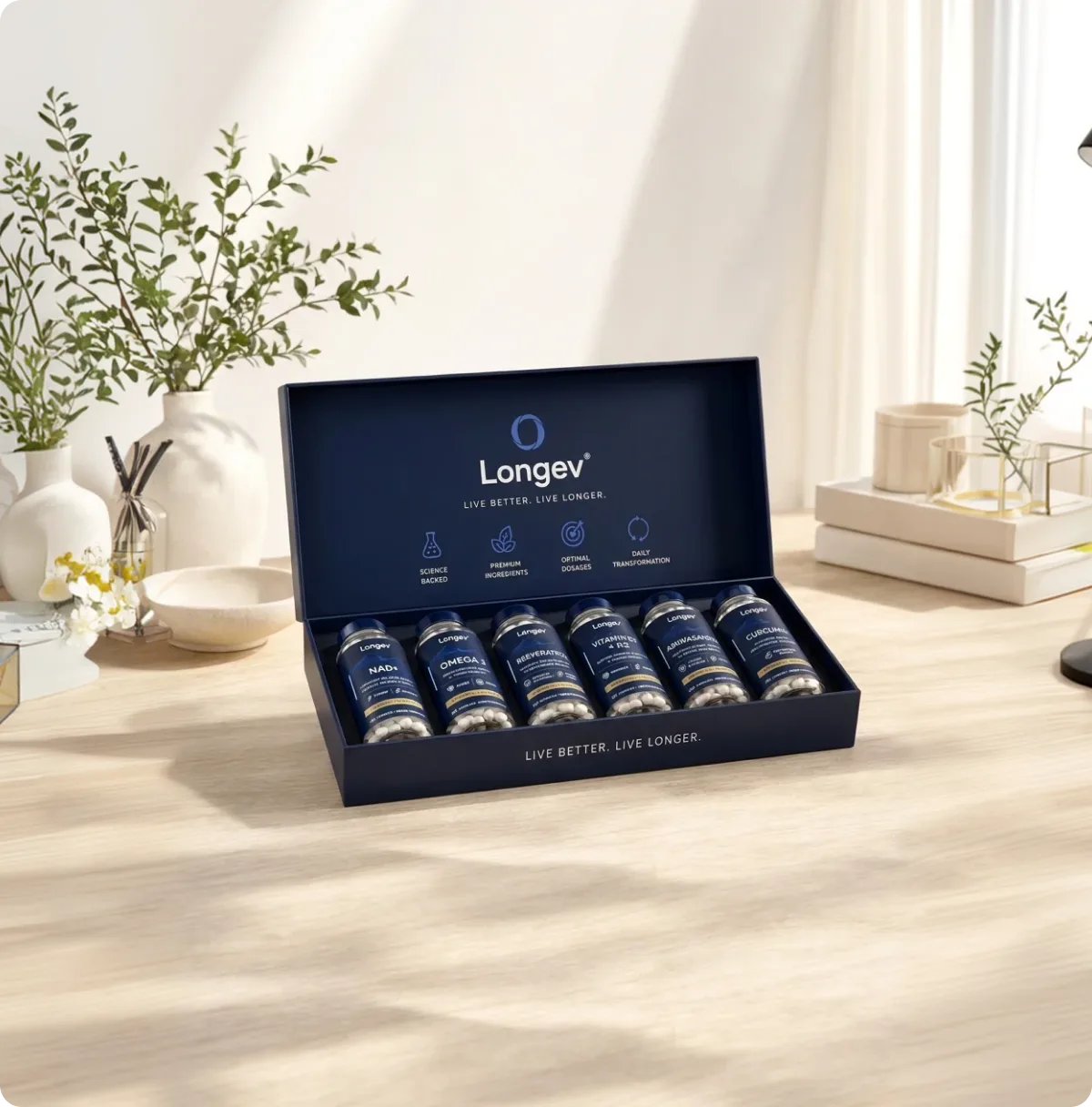 The six Longev formulas in their box